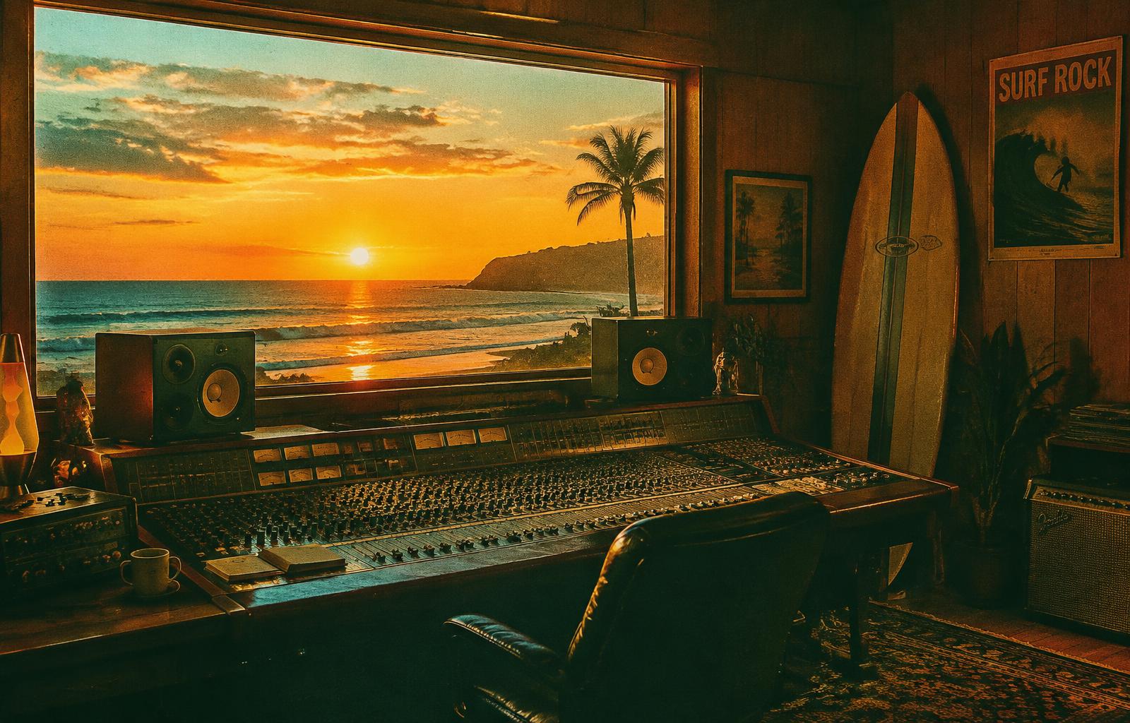 Analog studio console overlooking a sunset beach